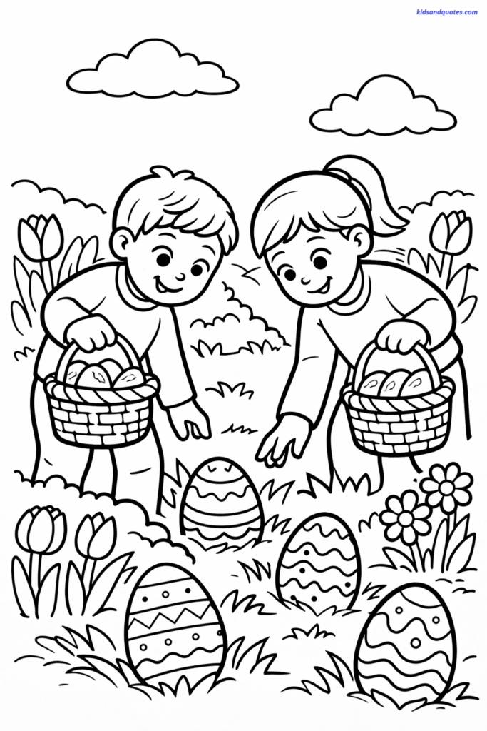 Easter coloring page: Children holding small baskets while searching for hidden Easter eggs in tall spring grass. Eggs peek out from behind flowers, bushes, and rocks. Tulips and daisies in the background.