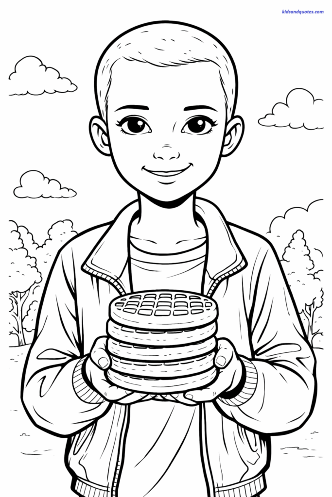 Free stranger things coloring page: Eleven smiling, holding a stack of waffles, simple background, bold shapes.