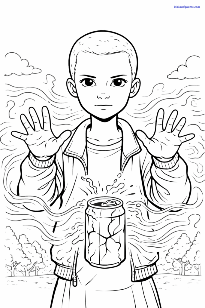 Free coloring page: Eleven concentrating with hands out, light energy waves drawn as soft lines, not intense.