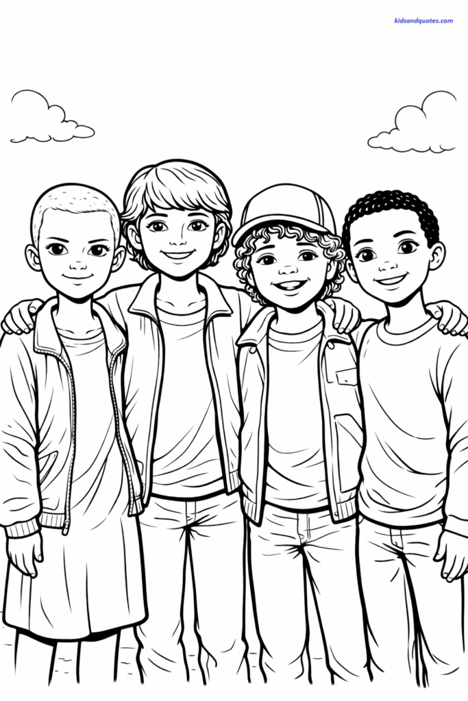 Eleven standing with Mike, Dustin, and Lucas in a friendly pose.