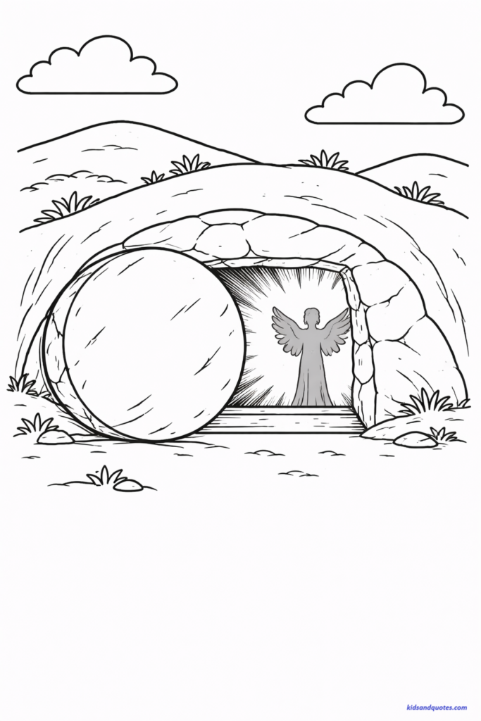 Lent coloring page: Stone rolled away. Light glowing from inside. Angel silhouette.