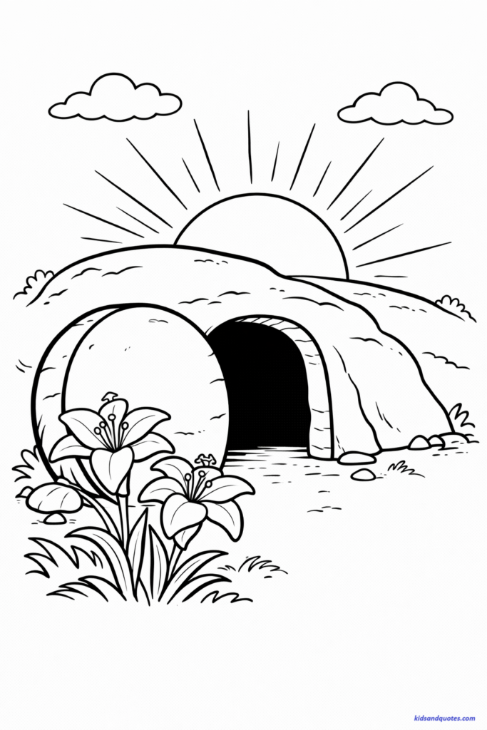 Easter printable coloring page: Empty tomb scene with large round stone rolled to the side of the entrance. Gentle sun rising behind the tomb with soft simple rays. Two large Easter lilies blooming near the base of the tomb.
