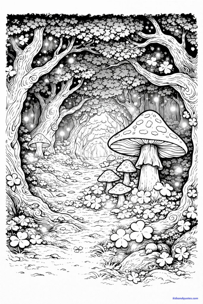 Free coloring page printable: Magical forest with oversized mushrooms, twisted trees, glowing shapes.