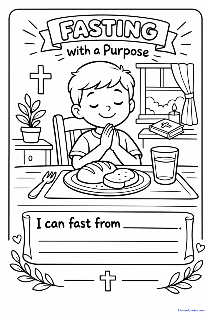 Printable lent coloring page: Table with simple meal (bread and water). Child smiling peacefully.