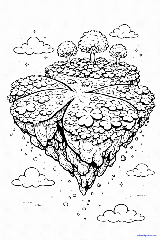 St Patrick's Day coloring page: Floating island in the sky made entirely of giant shamrocks, small trees growing on top.
