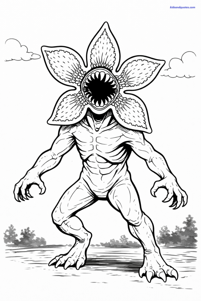 Coloring page of a Demogorgon with flower-shaped head.