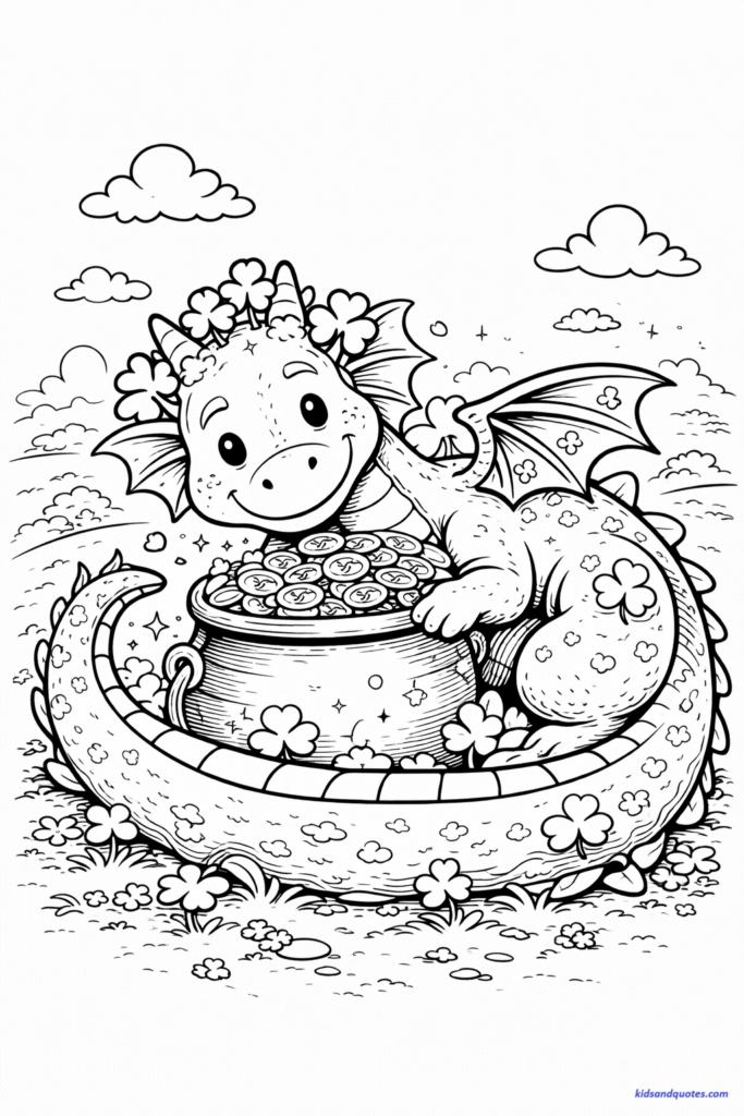 St Patrick's Day coloring page: Friendly clover dragon curled around a pot of treasure, smiling face.