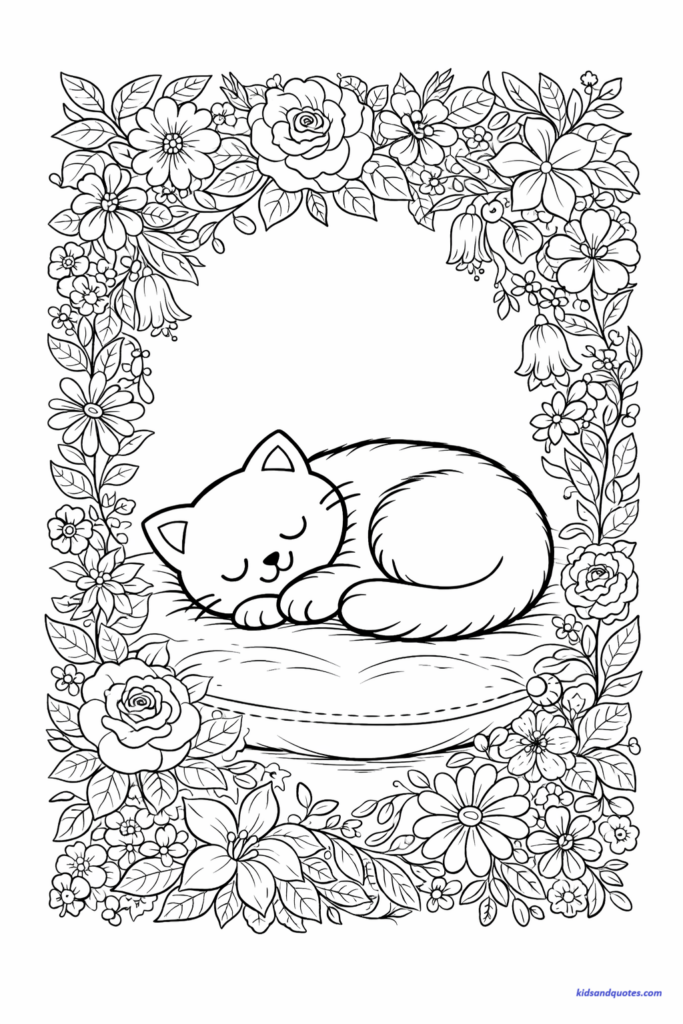 Coloring page of a cat sleeping inside a decorative floral frame border, intricate leaves and flowers around edges, detailed adult coloring page style.