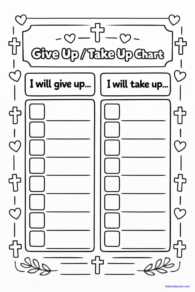 Lent coloring page: Two large columns "I'll give up / I'll take up". Decorative cross and heart icons.