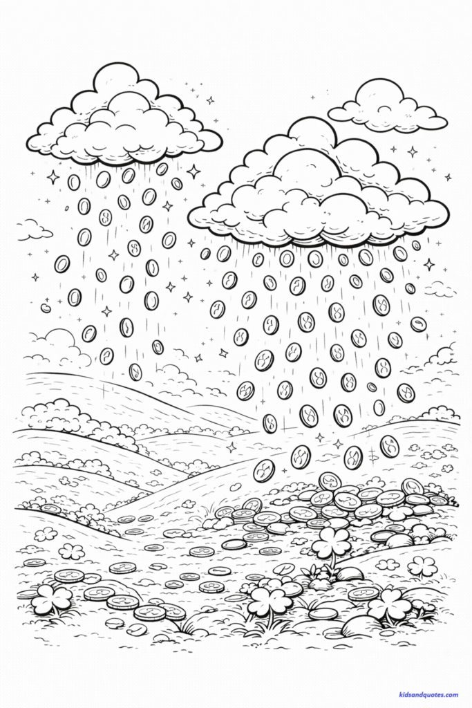 St Patrick's Day coloring page: Gold coins falling from clouds like rain onto rolling hills.