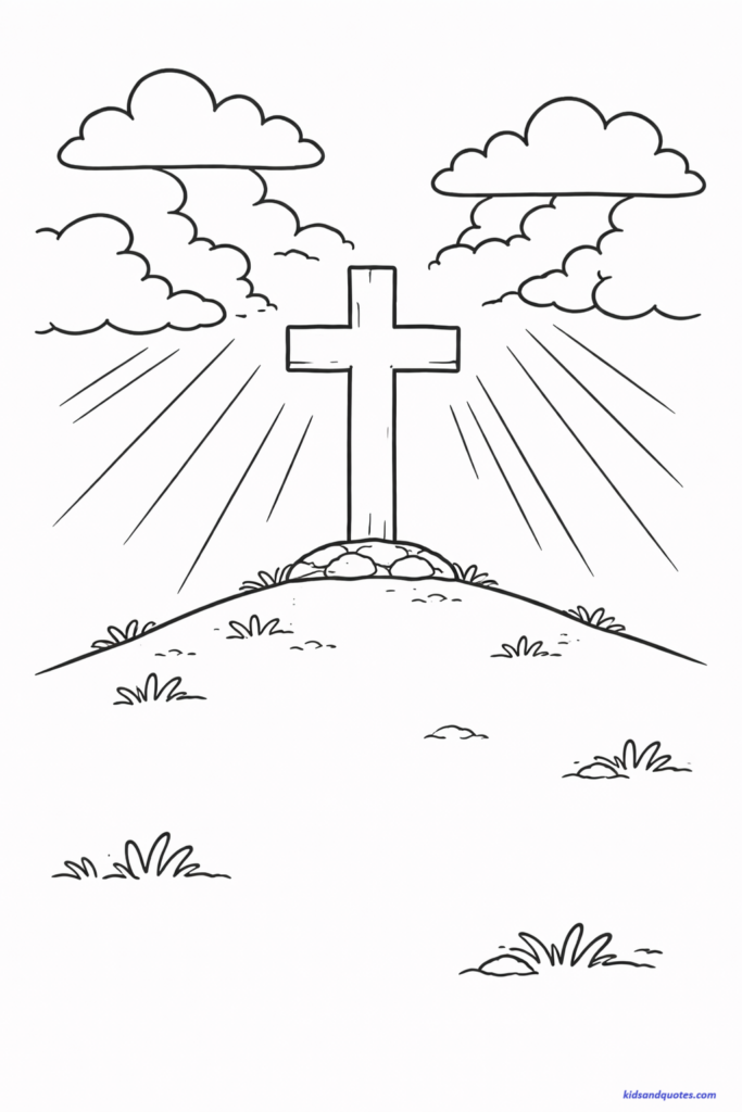 Lent coloring page: Simple cross on hill. Cloudy sky with light rays breaking through.