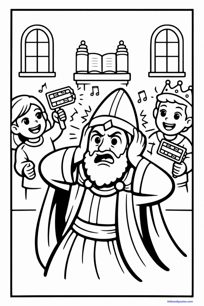 Purim coloring page: A playful scene showing children holding groggers (graggers) and shaking them while Haman looks surprised or comically annoyed.