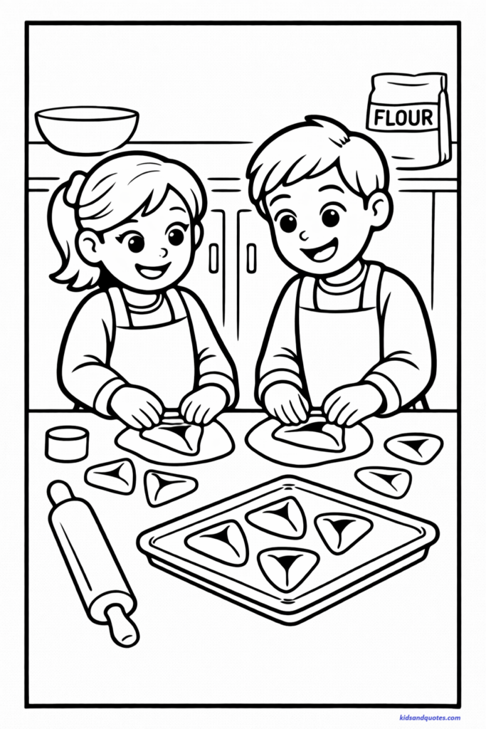 Purim coloring pages: Children standing at a kitchen table shaping triangular hamantaschen dough. One baking tray with finished triangular cookies visible. Smiling kids wearing simple aprons. Clear triangular cookie shapes.