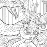 Forty Harry Potter Coloring Pages: Black-and-white Harry Potter coloring page showing a young wizard holding a wand, surrounded by a giant snake (Basilisk), a flying bird, and a wise wizard statue inside a magical hall.