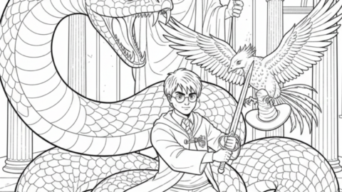Forty Harry Potter Coloring Pages: Black-and-white Harry Potter coloring page showing a young wizard holding a wand, surrounded by a giant snake (Basilisk), a flying bird, and a wise wizard statue inside a magical hall.