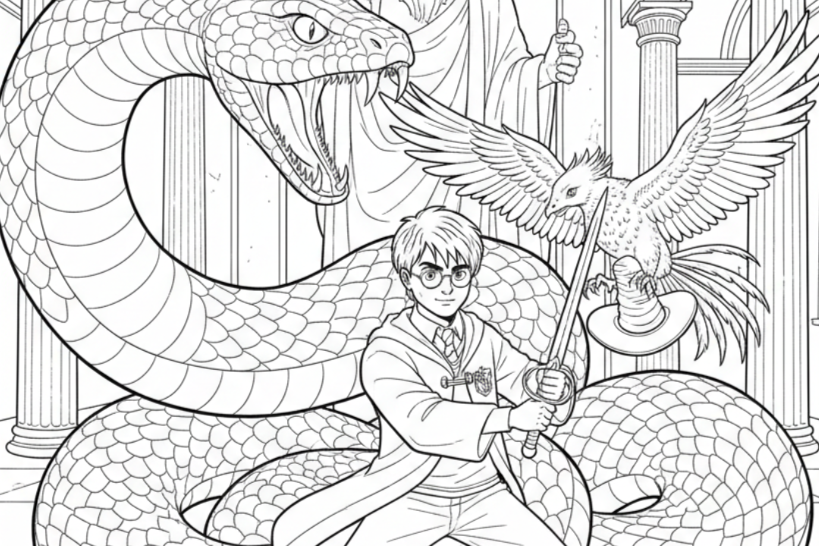 Forty Harry Potter Coloring Pages: Black-and-white Harry Potter coloring page showing a young wizard holding a wand, surrounded by a giant snake (Basilisk), a flying bird, and a wise wizard statue inside a magical hall.