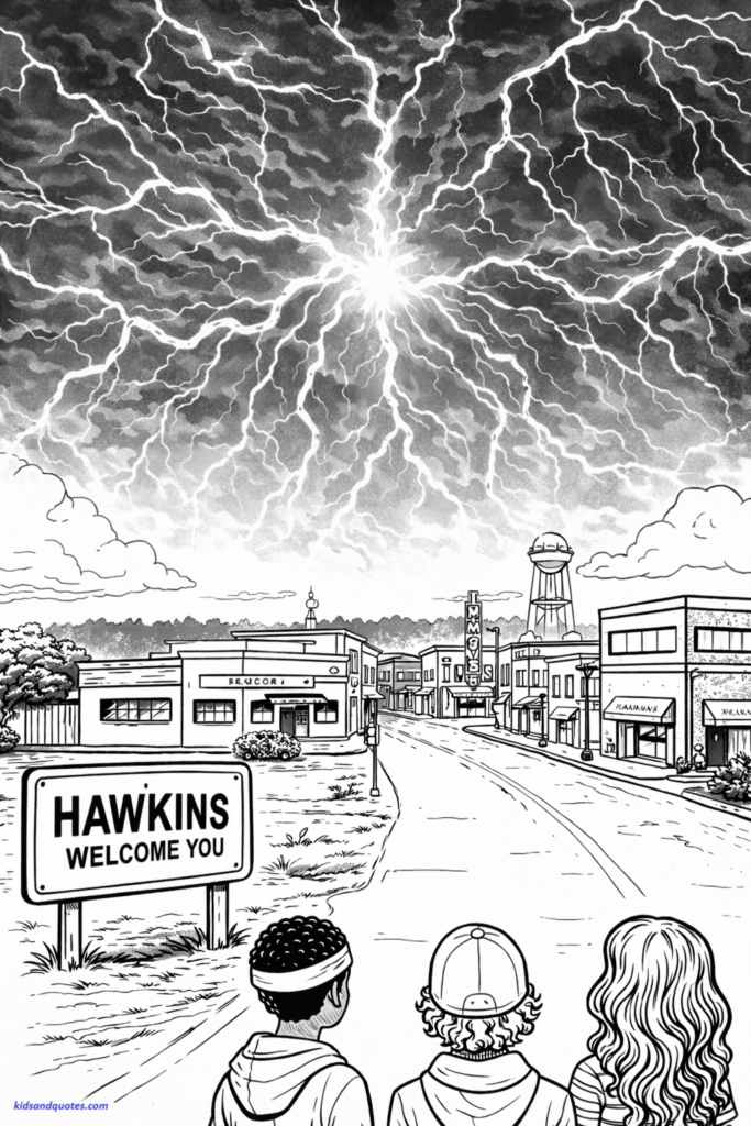 Coloring page of Retro town scene with lightning cracks in sky.