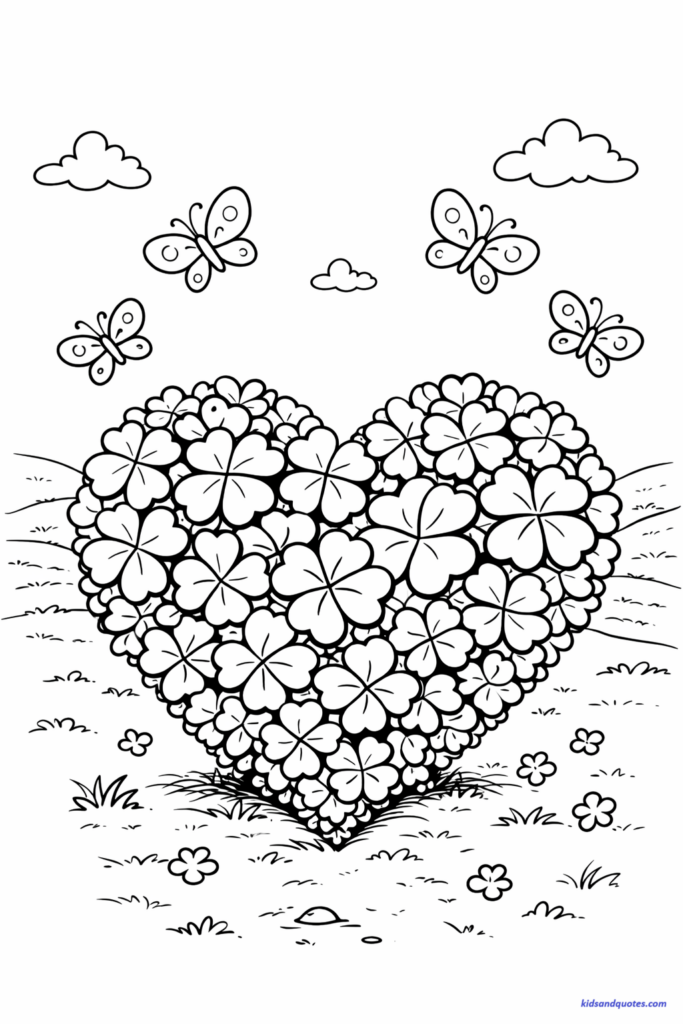 Free to print coloring page: A field of clovers arranged into a giant heart shape, butterflies above, rolling hills behind.