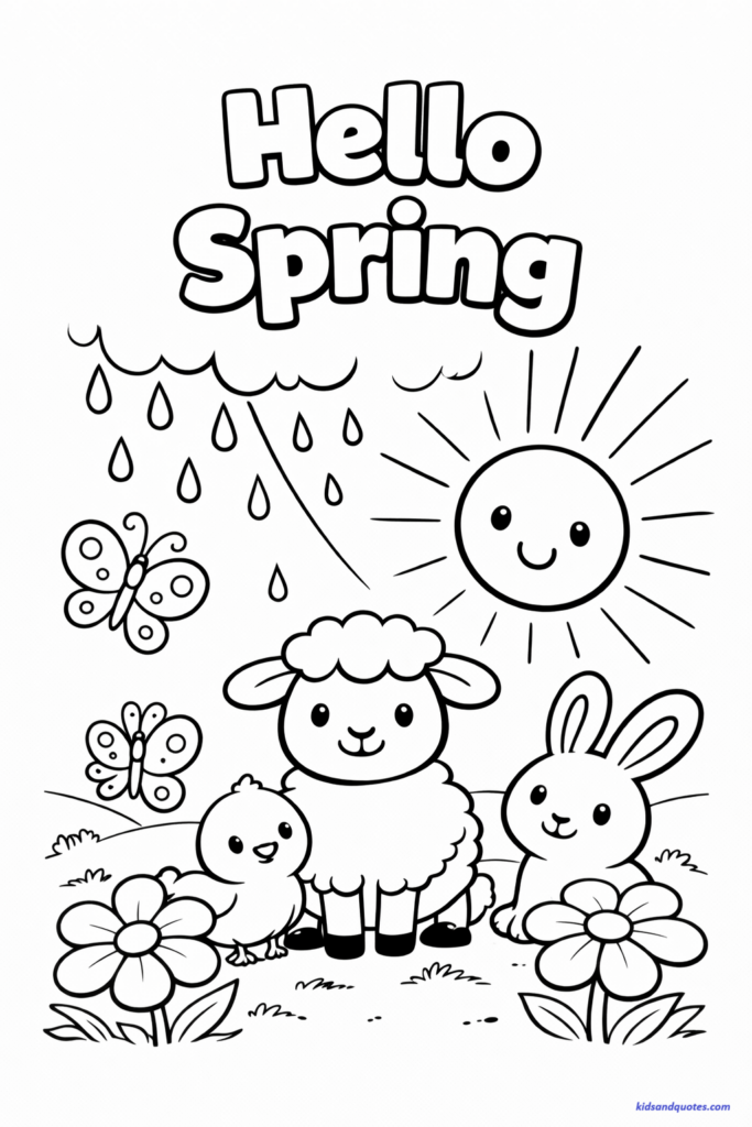 March coloring page: Large outlined words “Hello Spring” centered at the top. Below, blooming flowers with wide petals, butterflies with simple symmetrical wings, and a bright smiling sun. A few raindrops fading into sunshine rays to show seasonal transition.
