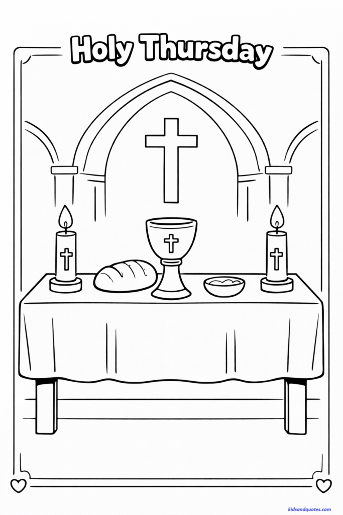 Lent coloring page: Church altar scene. Chalice and bread.