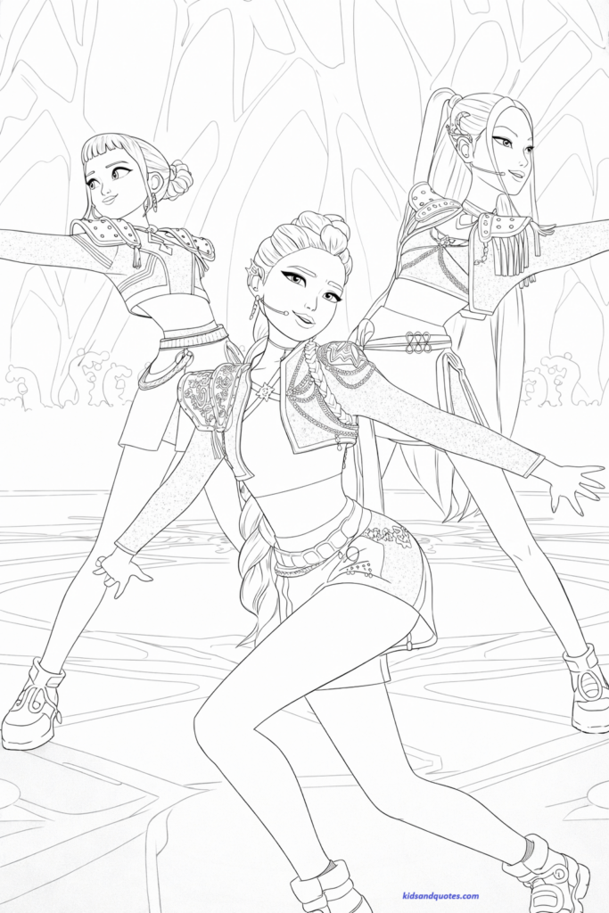 Kpop Demon Hunters Coloring Page: Trio Rumi, Zoey, and Mira. 