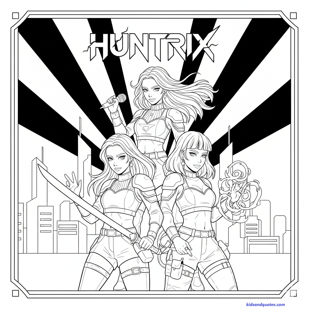 Kpop Demon Hunters Coloring Page: Huntrix trio standing strong against a city skyline, combining K-pop style with demon-hunting action. Bold stage lights behind them and detailed outfits and gear.