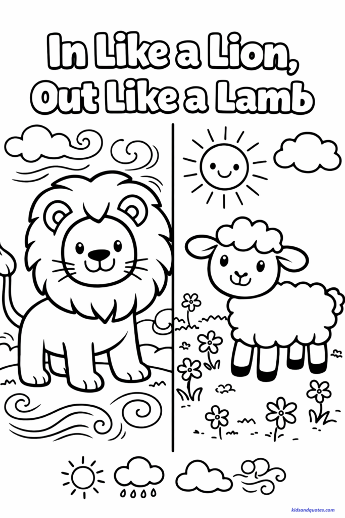 Free printable March coloring page: A friendly lion with a full simple mane, wind swirls and clouds around him. Right side: a gentle lamb standing in a meadow with small flowers and a smiling sun. At the top, large outlined text reading “In Like a Lion, Out Like a Lamb.