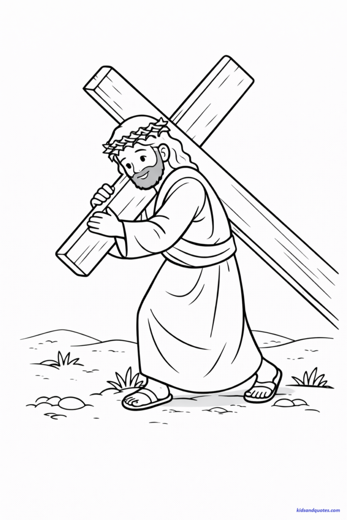 Free printable lent coloring page: Jesus carrying cross reflecting strength, sacrifice, and courage.