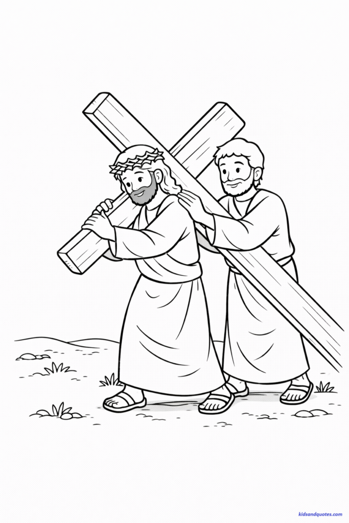 Lent coloring page: Simon helping Jesus to carry the cross. Message of sharing burden.