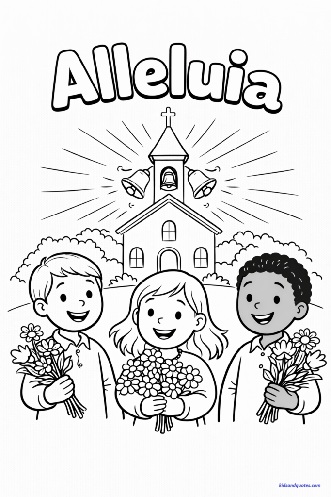 Lent coloring page: Children holding flowers. Church bell ringing.  Word 'alleluia' in bubble letters for coloring.