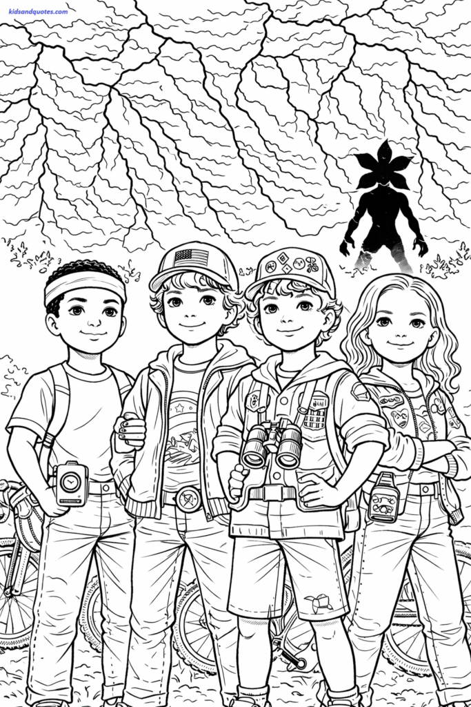 Stranger things coloring page of group standing brave together, monster small in background.