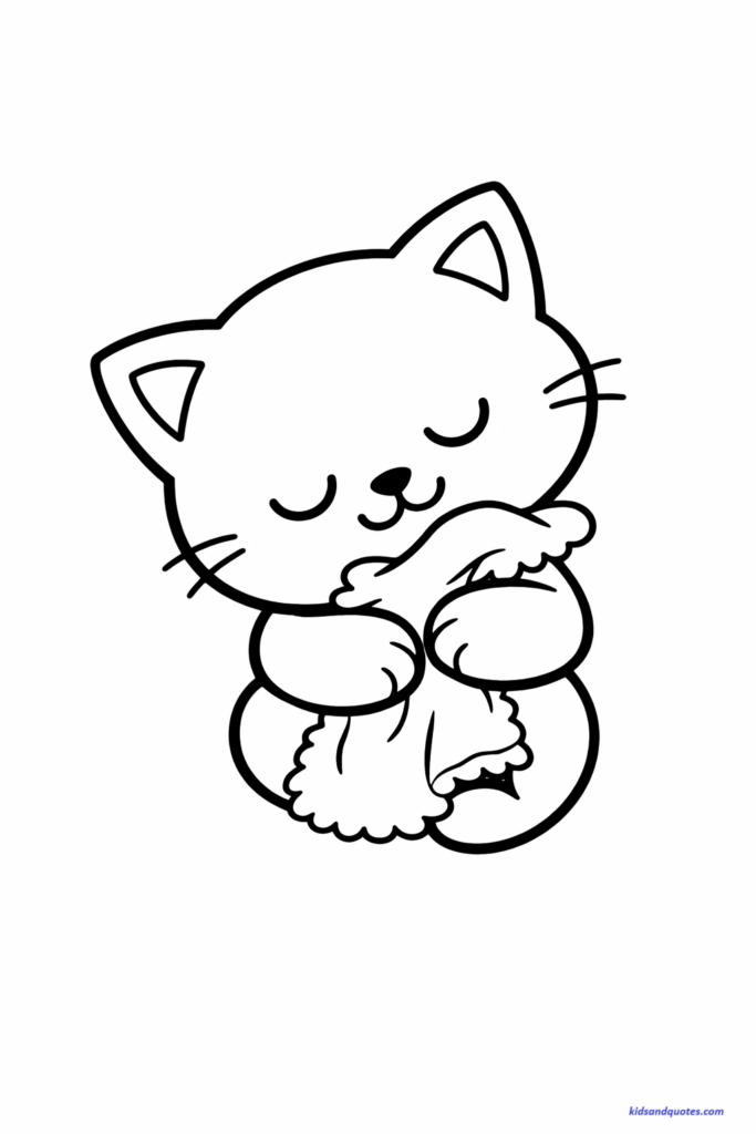 A sleepy kitten hugging a tiny blanket, oversized head and paws, simple cartoon style, thick bold lines, white background, easy shapes.