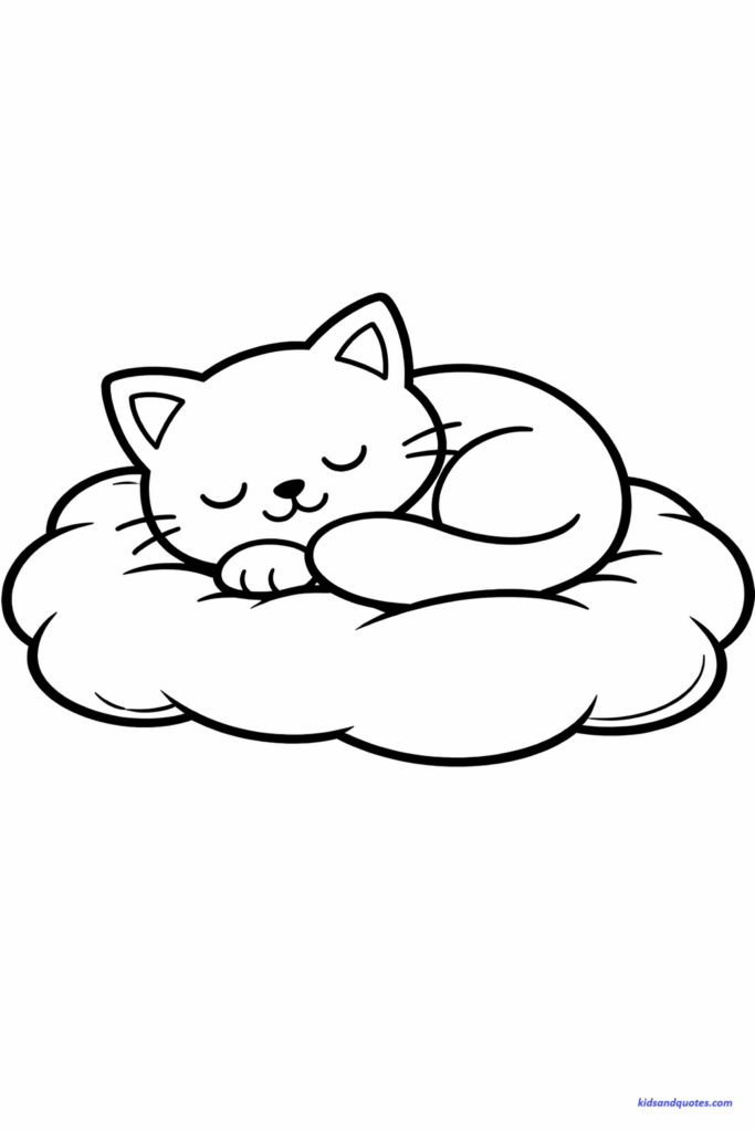 Coloring page of a small kitten sleeping on a big fluffy pillow, thick outlines, very simple shapes, no background clutter, centered composition, clean white background, easy cat coloring page style.
