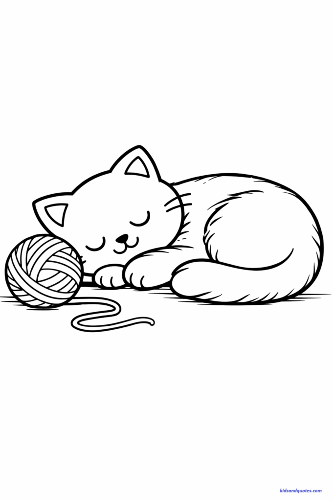 Coloring page of a Sleeping kitten next to a ball of yarn, soft cozy scene, moderate detail in fur lines, simple floor line.