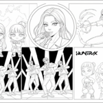 Kpop Demon Hunters Coloring Pages: Collage of K-Pop Demon Hunters coloring pages featuring idol heroes, chibi characters, performance scenes, and action poses with Huntrix and Saja Boys.
