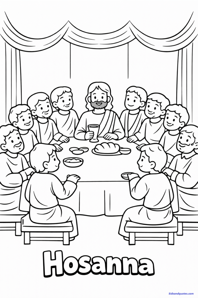 Lent coloring page: Simplified supper table scene. Jesus at center. Bread and cup clearly visible.
