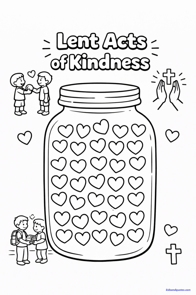 Lent coloring page: 20–30 small hearts. Kids color one each time they do a good deed.