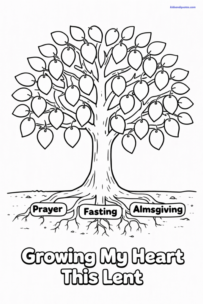 Lent coloring page: Large leafless tree. Wide branches, and hanging from branches are blank leaf-shaped tags to color. At the bottom of the tree, roots are labeled 'prayer', 'fasting', and 'almsgiving'. Bottom has bubble letters 'Growing my heart this lent'.