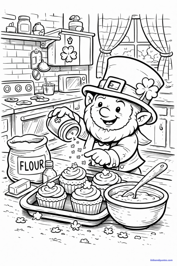 St Patrick's Day coloring page: Leprechaun in a tiny kitchen decorating cupcakes, mixing bowl, spoon, cozy baking scene.