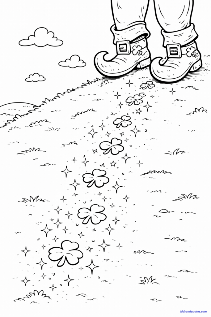 St Patrick's Day coloring page: Leprechaun boots walking across a hill.