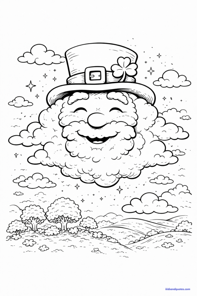 St Patrick's Day coloring page: Sky filled with clouds shaped like a smiling leprechaun face.