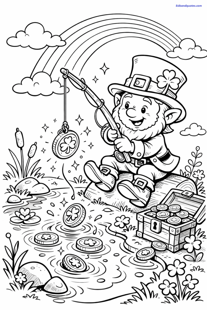 Free coloring page: Leprechaun fishing gold coins from a magical pond with a simple fishing rod.