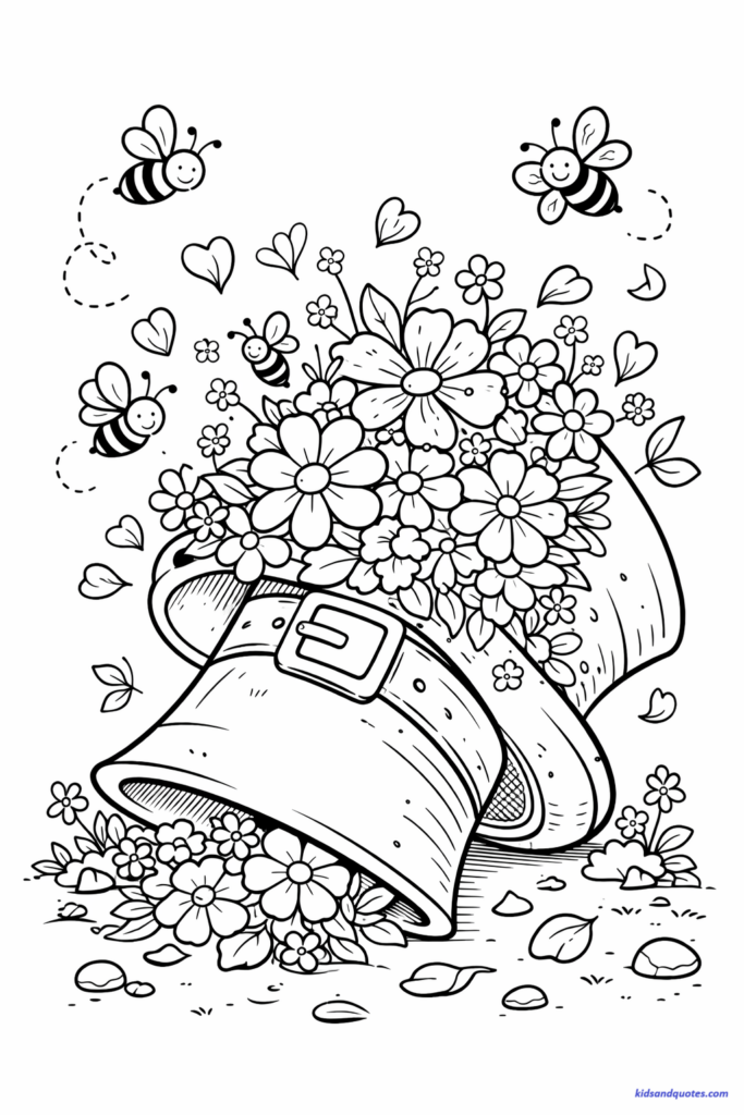 St Patrick's Day coloring page: A large leprechaun hat tipped over, overflowing with spring flowers, bees flying around, petals falling gently.