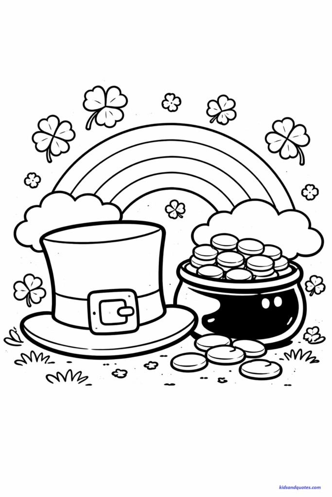 March coloring page: A large leprechaun hat with a wide buckle sitting on grass. Beside it, a pot with big round gold coins spilling out. Simple coin shapes, some stacked. A small rainbow arch behind the hat.