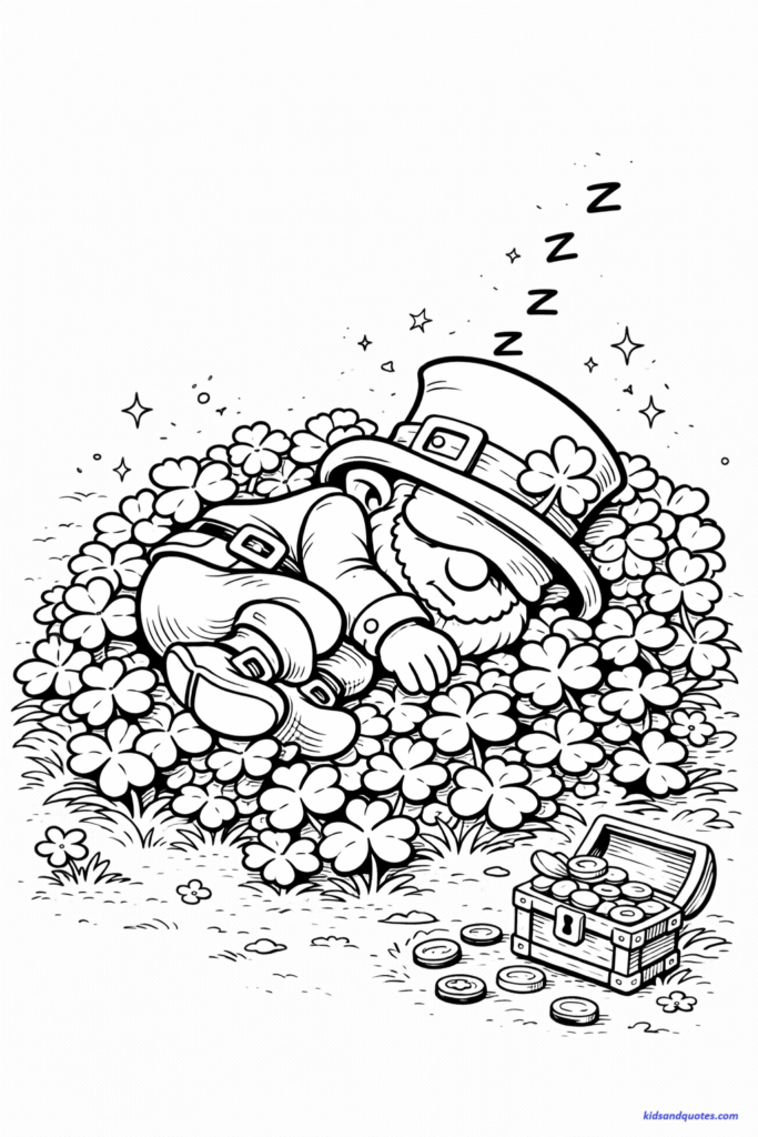 St Patrick's Day coloring page: Leprechaun curled up asleep on a pillow of shamrocks, hat over eyes.