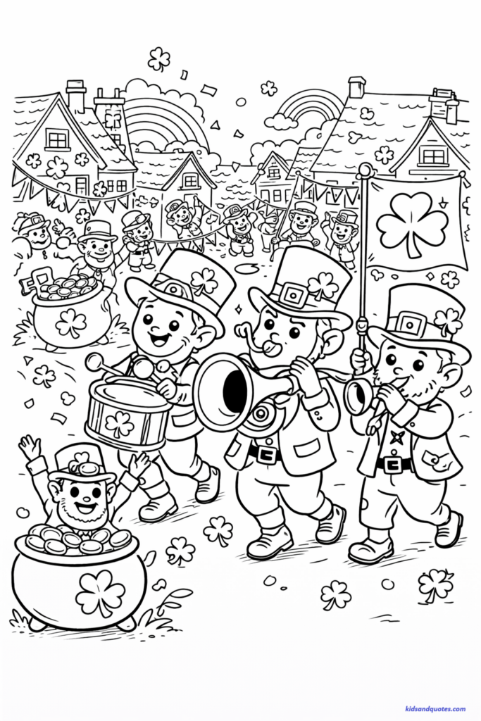 St Patrick's Day coloring page: Medium-detail town parade with leprechaun marching band.