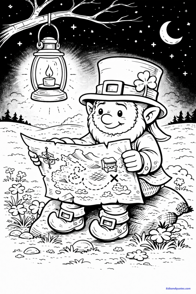 St Patrick's Day coloring page: Leprechaun studying a treasure map under a lantern, sitting on a rock.