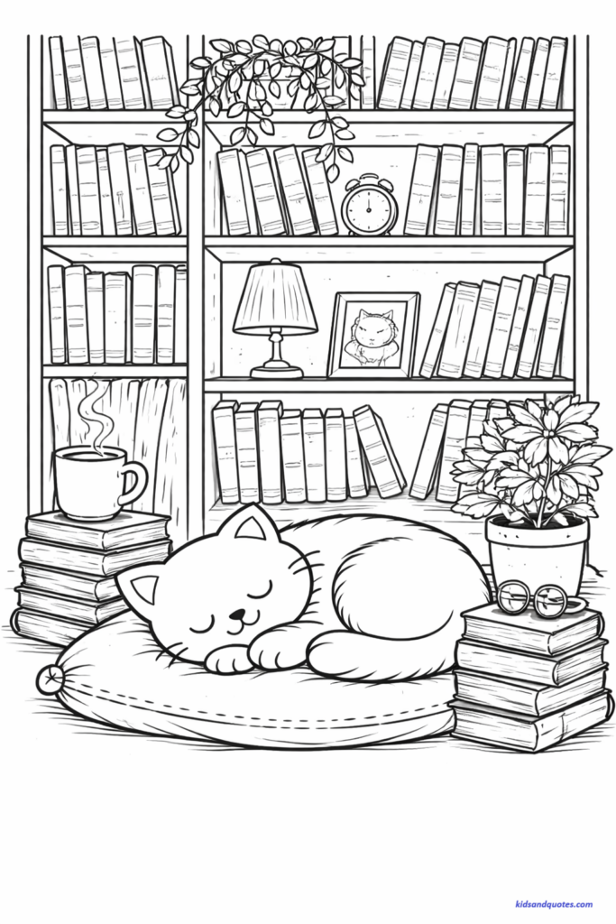 Coloring page of a sleeping cat in a cozy library corner surrounded by bookshelves and stacked books, detailed background elements, clean black outlines.