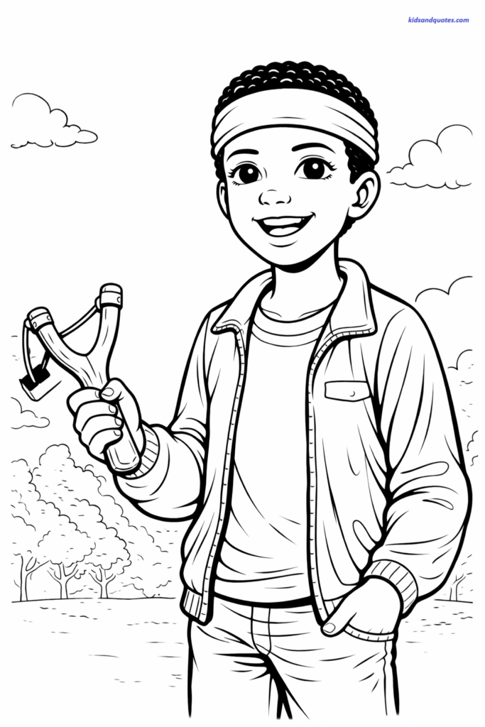 Coloring page of Lucas holding a slingshot in a relaxed pose, playful not aggressive.