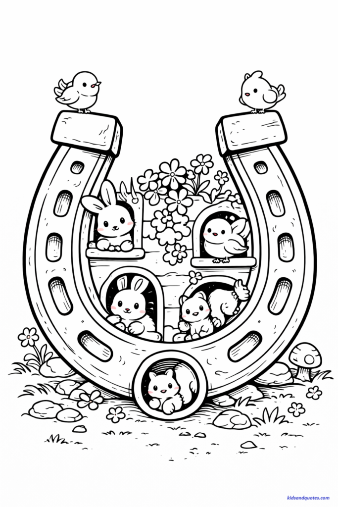 Ready to print St Patrick's Day coloring page: A giant horseshoe turned into a tiny animal house, rabbits, birds, and squirrels peeking out.